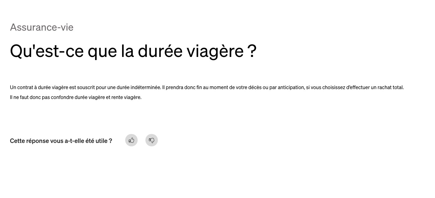 Capture d'écran de la fiche FAQ de Fortuneo intitulée Qu'est-ce que la durée viagère, qui précise qu'il ne faut pas confondre durée viagère et rente viagère
