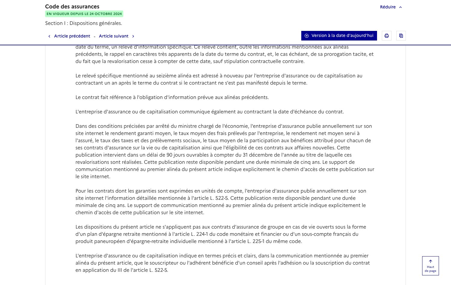 Capture d'écran de l'article L. 132-22 du code des assurances sur Légifrance, montrant l'obligation d'information un mois avant le terme et l'arrêt de la revalorisation
