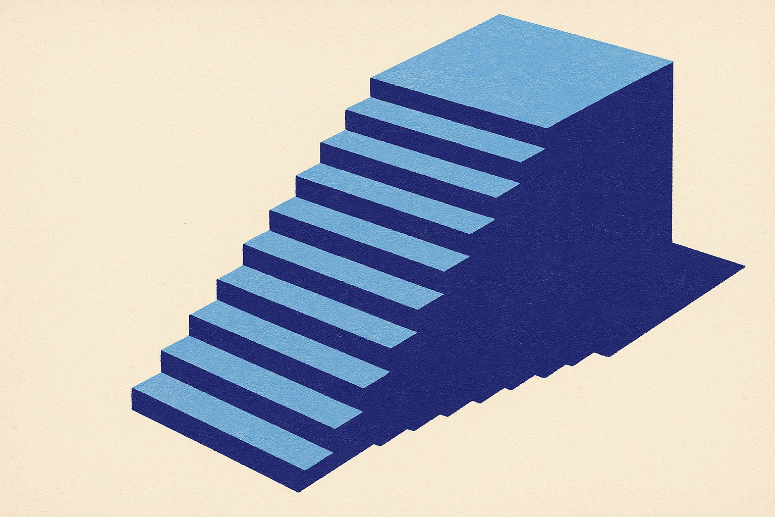 Illustration duotone d'un escalier ascendant qui s'interrompt net sur un palier, métaphore de la revalorisation qui cesse au terme du contrat