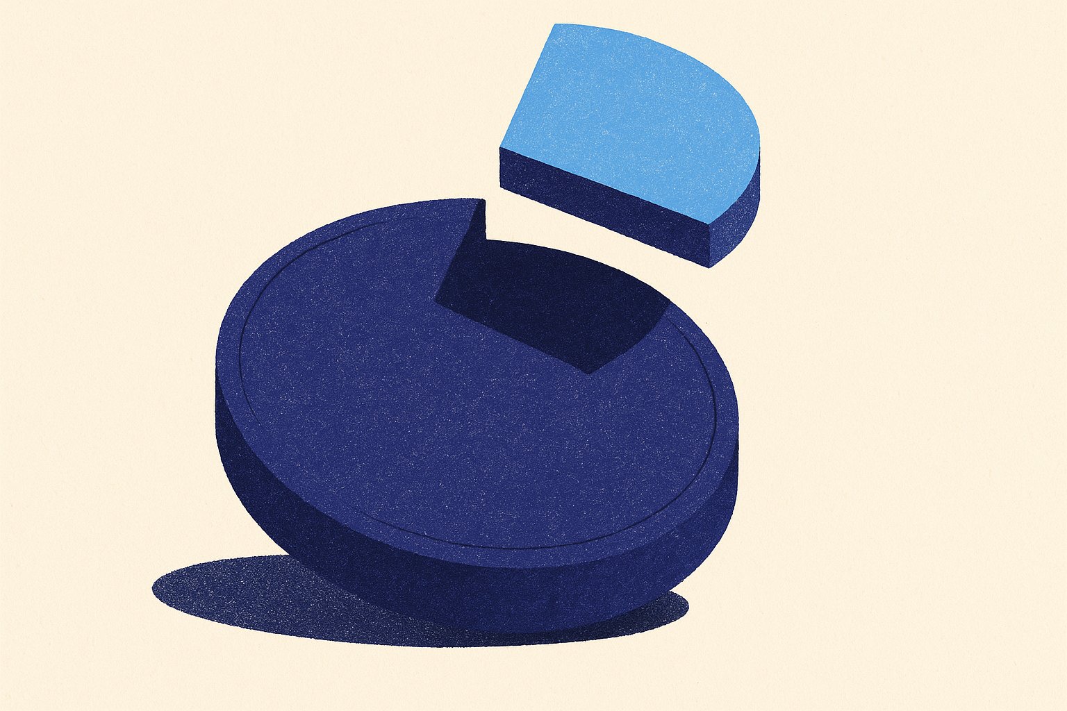 Illustration éditoriale : une pièce indigo dont un quart bleu ciel se détache en lévitation, métaphore de la réduction d'impôt de 25 % sur les versements épargne handicap