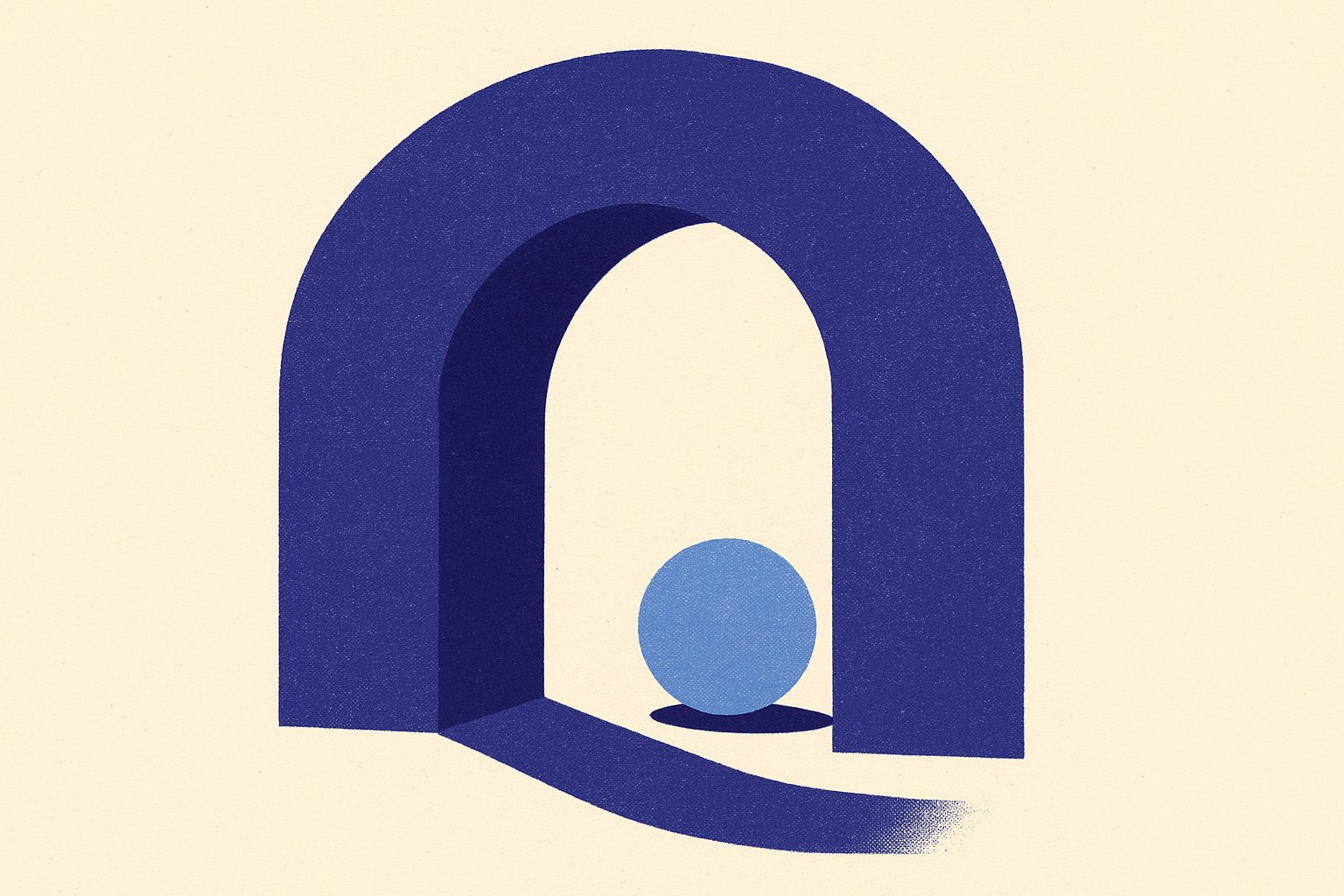 Illustration éditoriale : une arche indigo monumentale enveloppe une sphère bleu ciel, métaphore du contrat de rente survie qui protège un proche handicapé