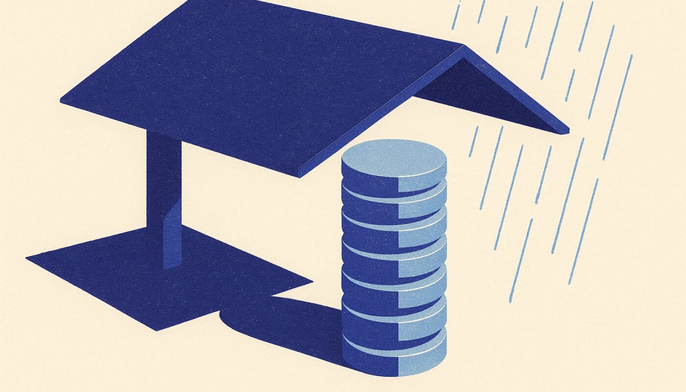 Illustration éditoriale : un dais indigo protège une colonne de pièces bleu ciel, métaphore du contrat d'épargne handicap qui préserve le capital et les aides