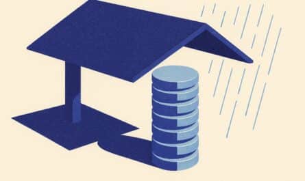 Illustration éditoriale : un dais indigo protège une colonne de pièces bleu ciel, métaphore du contrat d'épargne handicap qui préserve le capital et les aides
