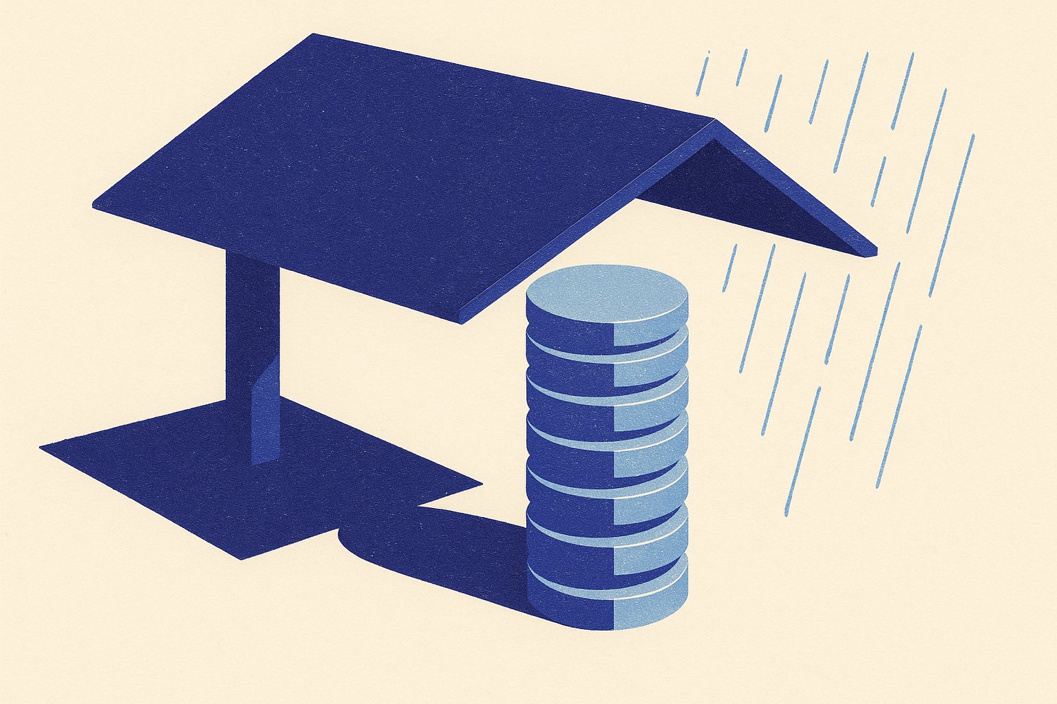 Illustration éditoriale : un dais indigo protège une colonne de pièces bleu ciel, métaphore du contrat d'épargne handicap qui préserve le capital et les aides