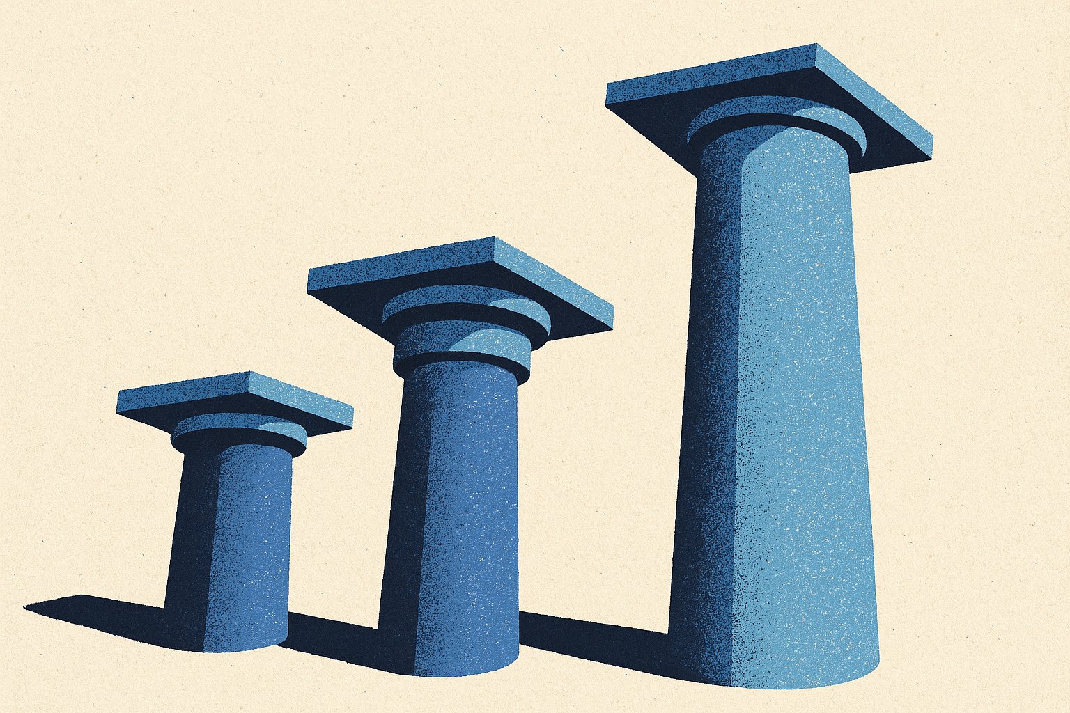 Trois colonnes de hauteurs très différentes portant le même chapiteau, illustration du fait que trois chiffres distincts sont présentés sous le seul mot rendement
