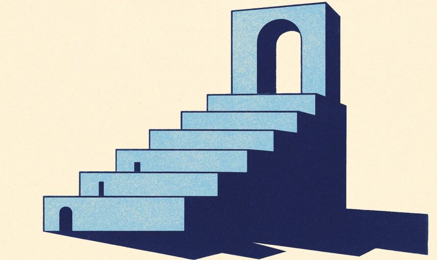Escalier monumental a cinq marches ouvrant sur des portiques de plus en plus larges, image des cinq categories de souscripteurs d'un contrat luxembourgeois