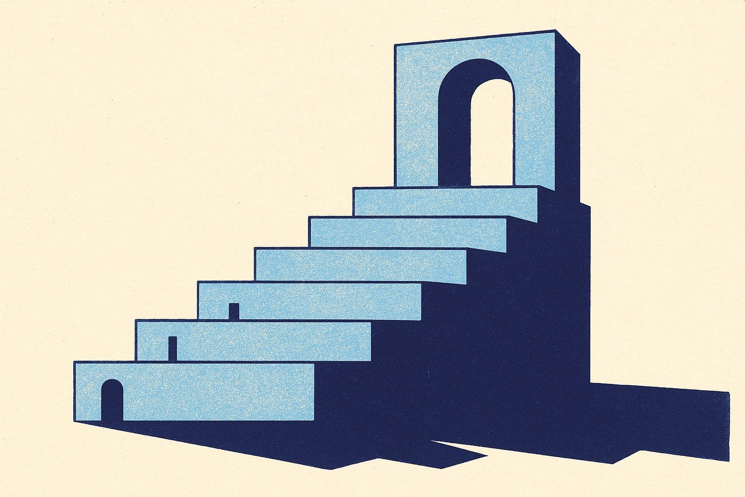 Escalier monumental a cinq marches ouvrant sur des portiques de plus en plus larges, image des cinq categories de souscripteurs d'un contrat luxembourgeois