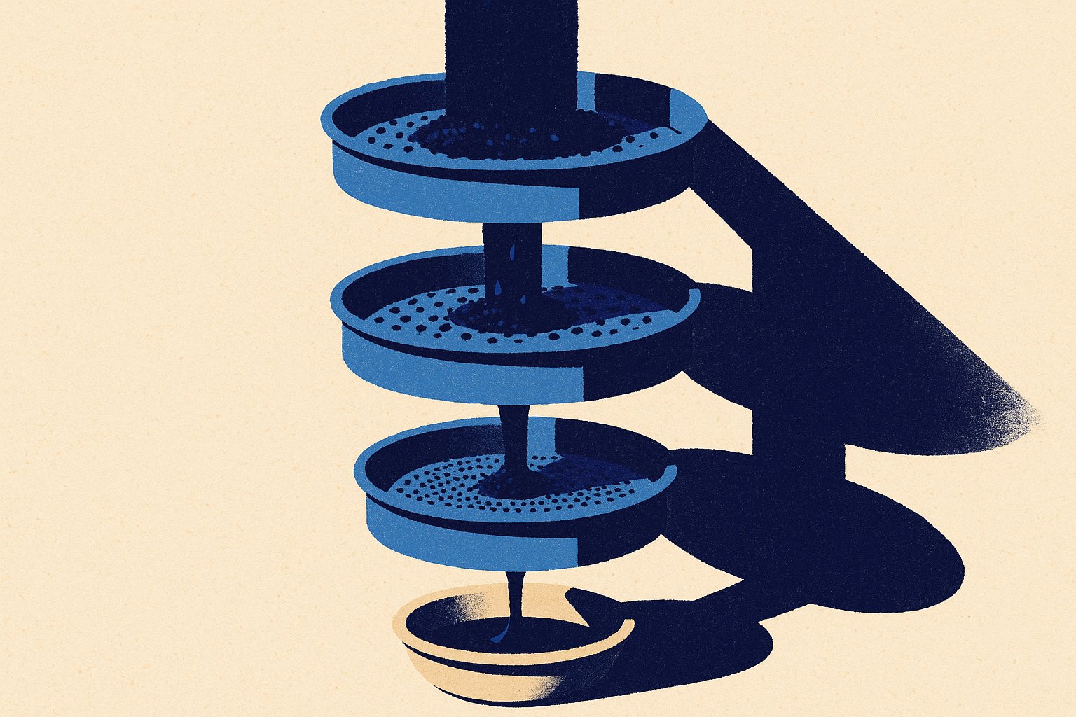 Colonne de matière tombant à travers trois tamis de plus en plus fins, illustrant les frais, les prélèvements sociaux et l'inflation