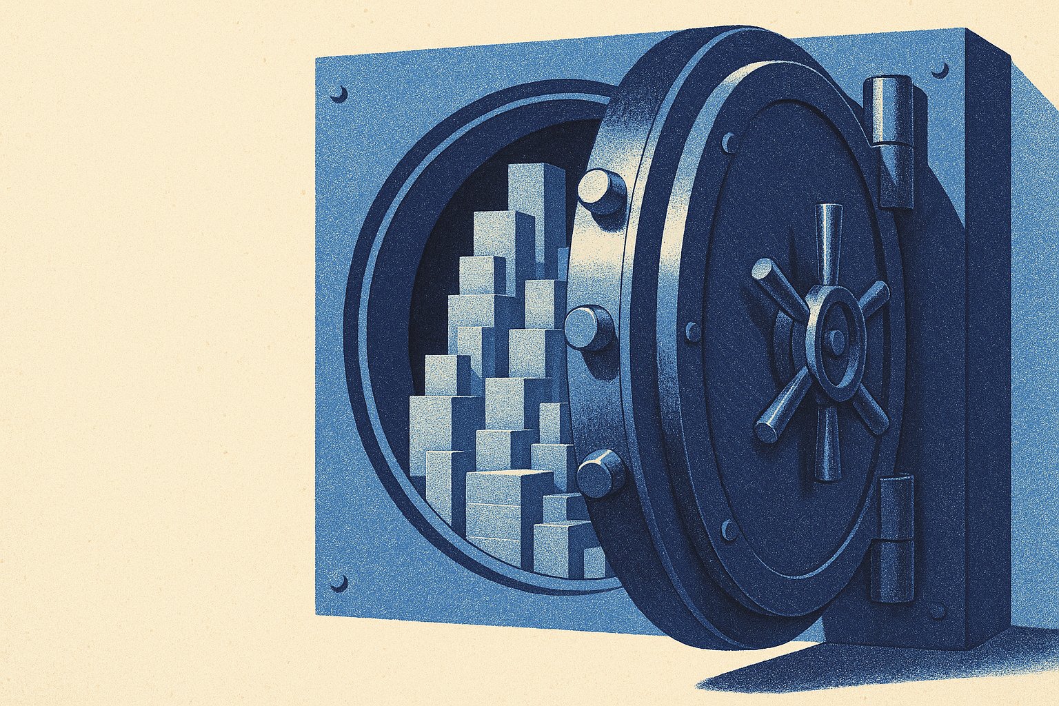 Illustration en duotone indigo et bleu ciel : une porte de coffre-fort monumentale ouverte laisse voir à l’intérieur un empilement de volumes cubiques stylisés.