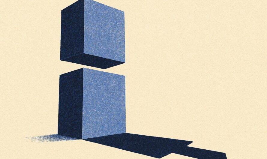 Illustration en duotone indigo et bleu ciel : un monolithe de pierre amputé d’une tranche en son milieu, dont l’ombre portée au sol reste entière.