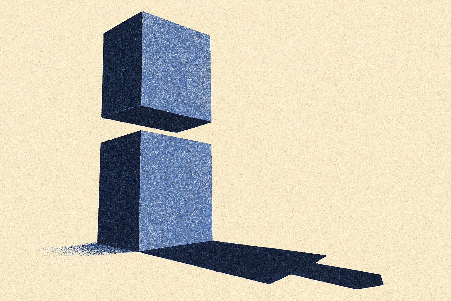 Illustration en duotone indigo et bleu ciel : un monolithe de pierre amputé d’une tranche en son milieu, dont l’ombre portée au sol reste entière.