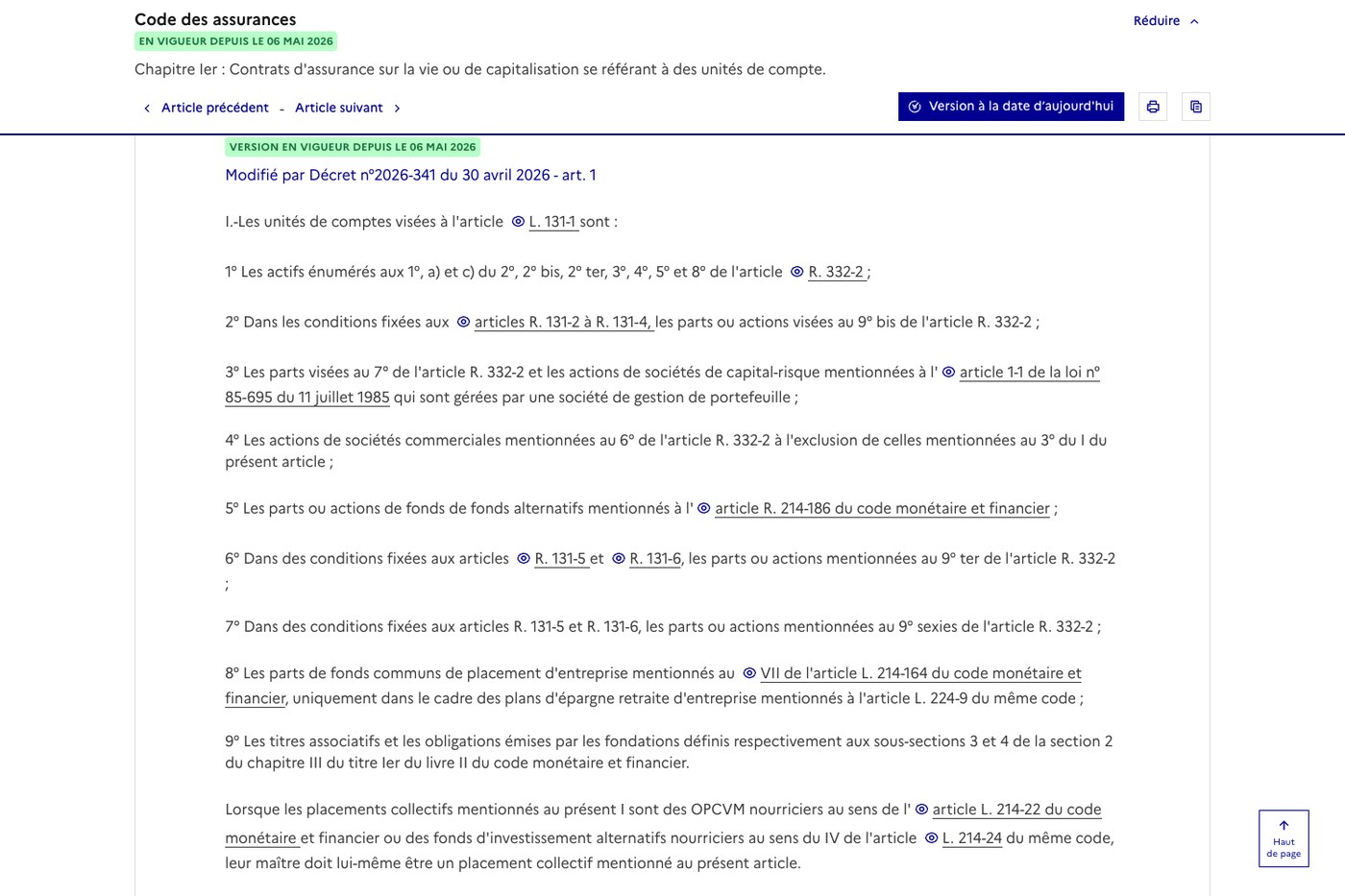 Capture de l’article R. 131-1 du code des assurances sur Légifrance, avec la mention de version en vigueur depuis le 6 mai 2026 et la liste numérotée des unités de compte autorisées.