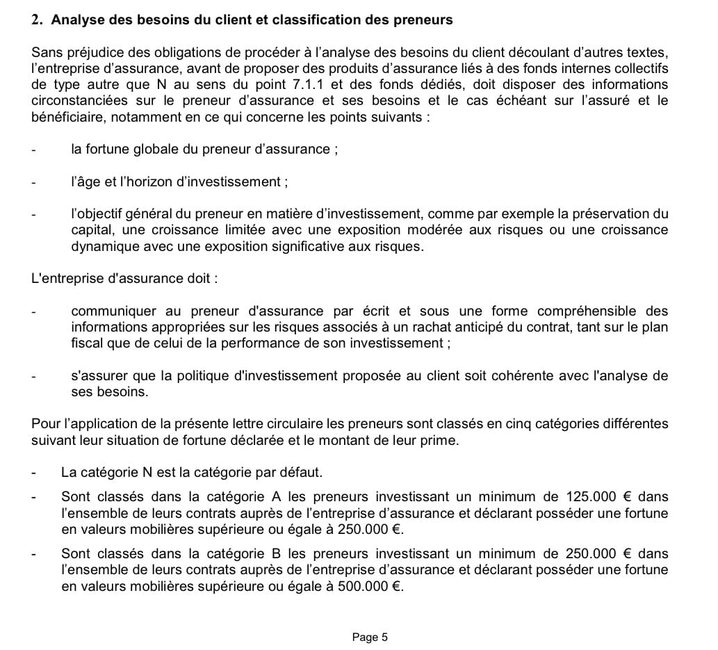 Extrait de la lettre circulaire 26/1 du Commissariat aux Assurances luxembourgeois définissant les cinq catégories de preneurs d'assurance