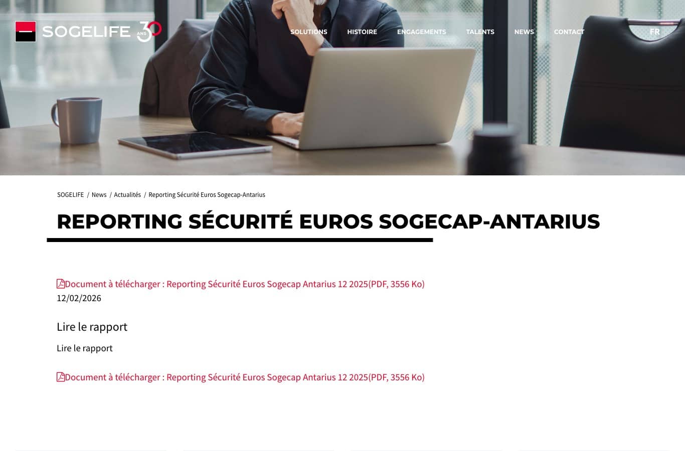 Page du site de l'assureur luxembourgeois Sogelife publiant le reporting du support en euros Sogecap-Antarius