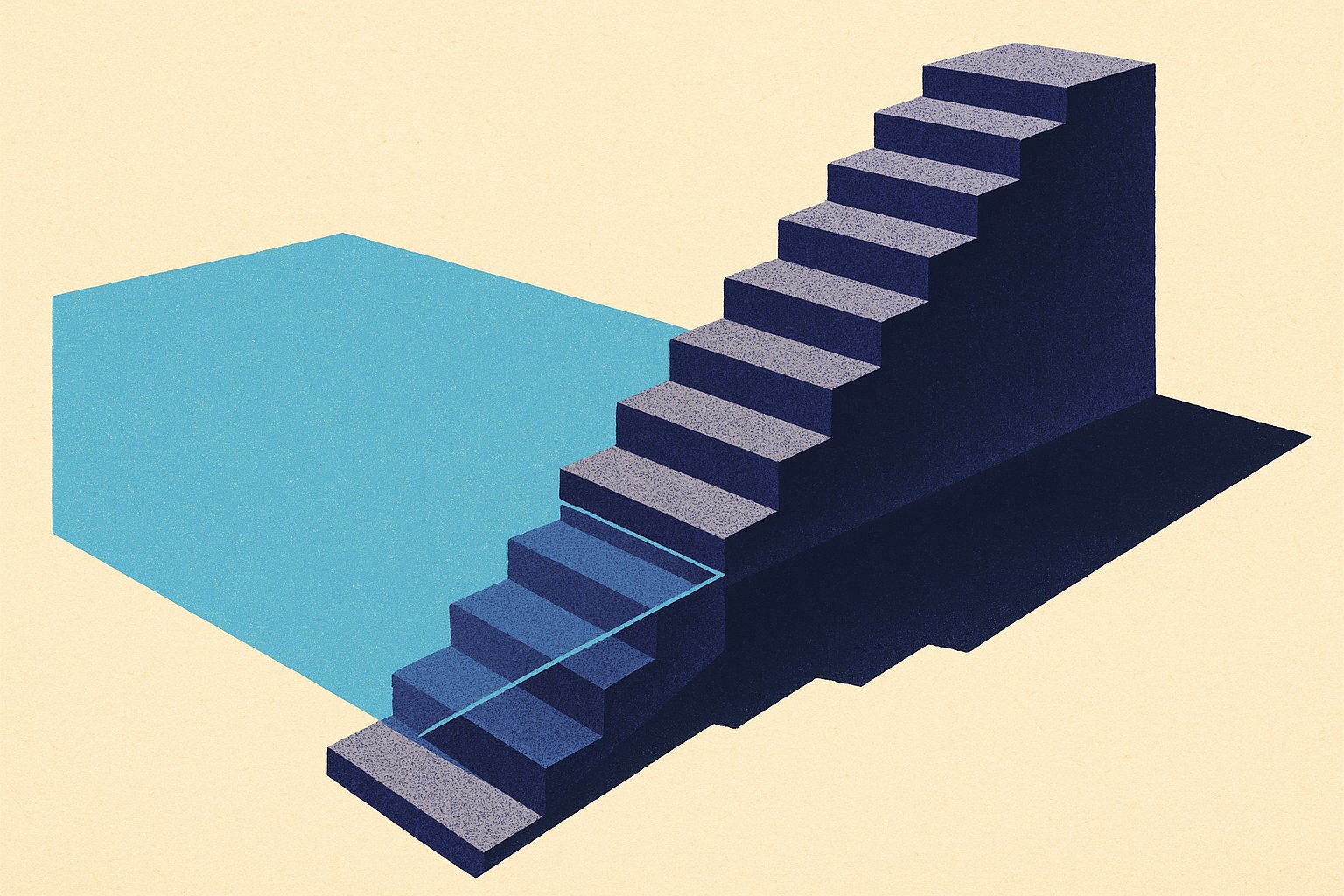 Illustration : un escalier monumental qui plonge sous une ligne d'eau bleue avant de remonter au-dessus, image de la valeur de rachat qui passe sous le montant versé les premières années
