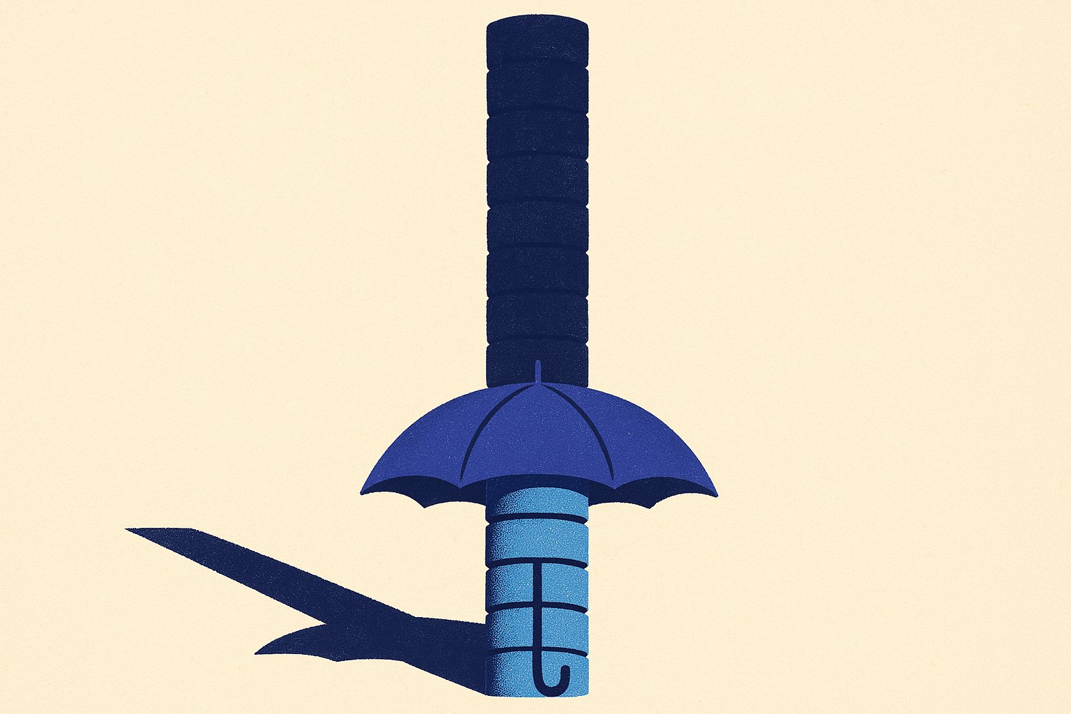 Illustration : un parapluie ouvert n'abritant que la base d'une haute colonne de disques empilés, image du plafond de garantie de 70 000 euros