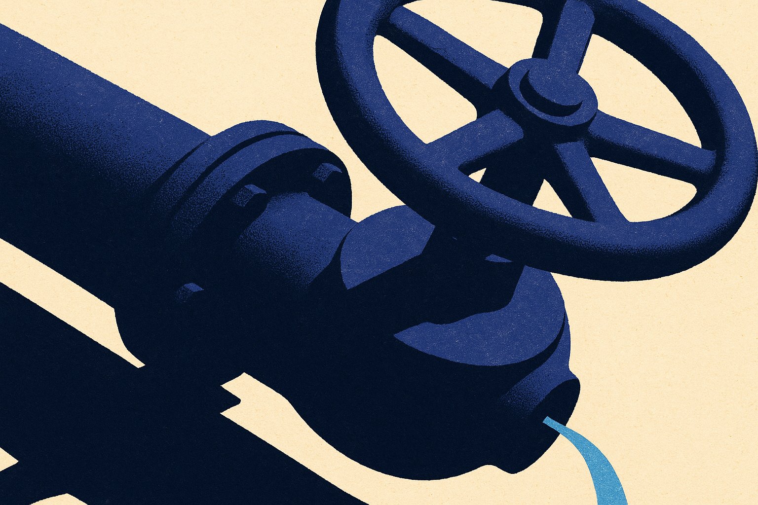 Illustration : une vanne industrielle massive presque fermée d'où ne s'échappe qu'un mince filet bleu, image des rachats limités sur un contrat d'assurance vie