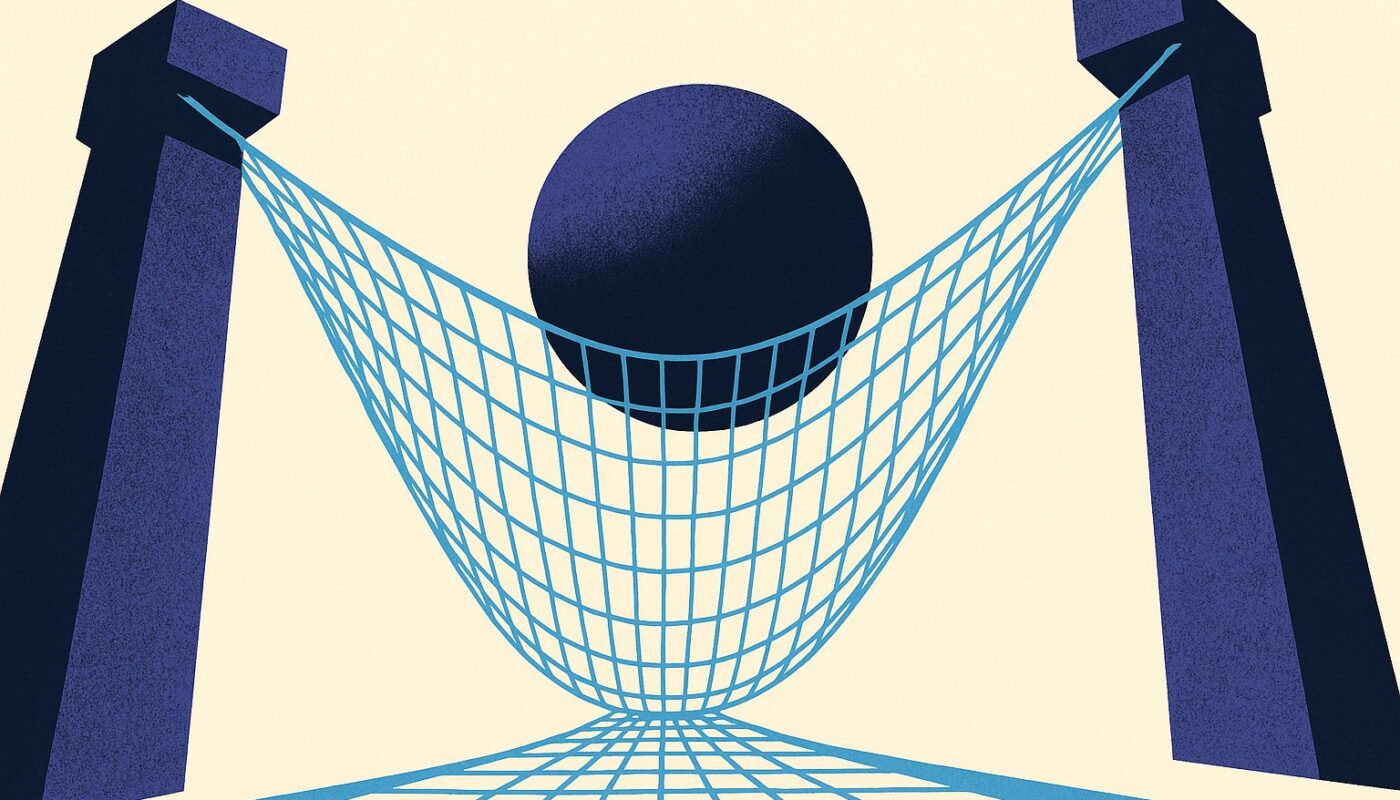 Illustration : une sphere massive reposant dans un filet de securite tendu entre deux piliers, image de la garantie en capital d'un fonds en euros