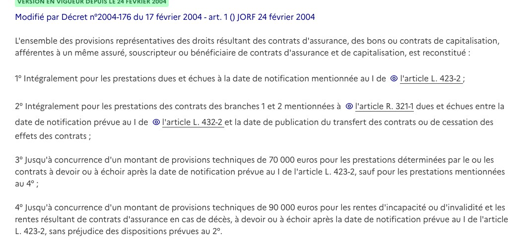 Capture d'écran de l'article R. 423-7 du code des assurances sur Légifrance, fixant le plafond de 70 000 euros du fonds de garantie des assurances de personnes