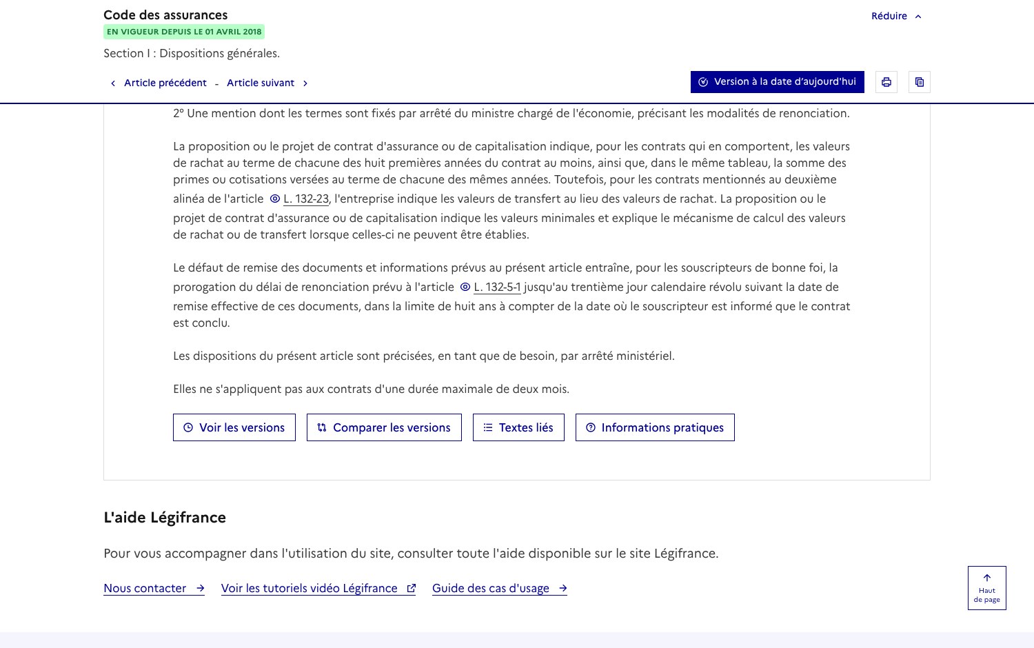 Capture d'écran de l'article L. 132-5-2 du code des assurances sur Légifrance, imposant le tableau des valeurs de rachat des huit premières années