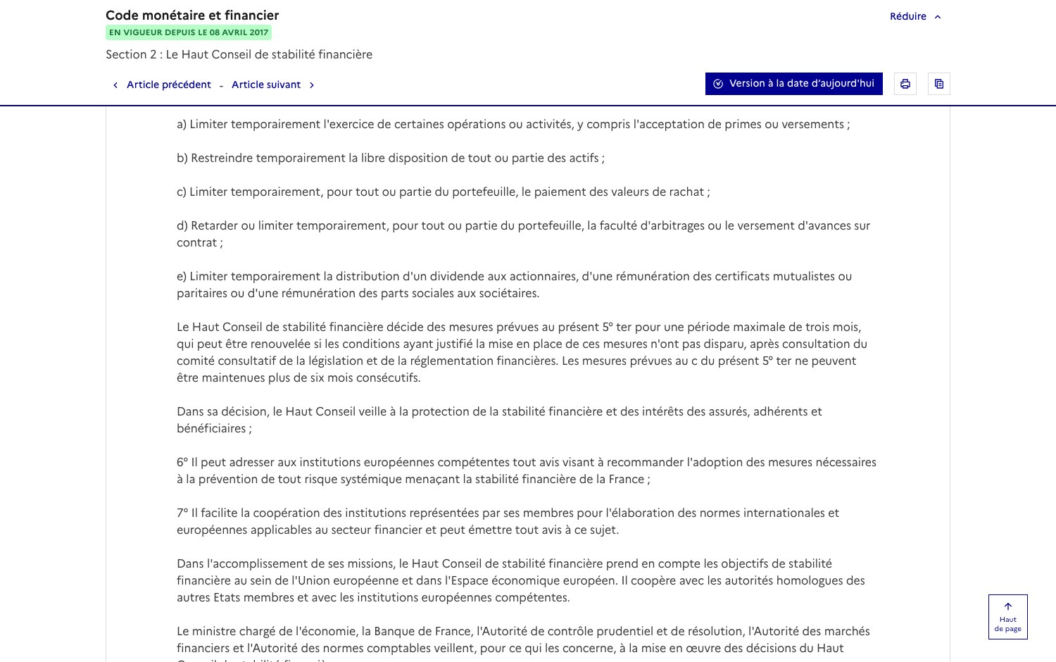 Capture d'écran de l'article L. 631-2-1 du code monétaire et financier sur Légifrance, détaillant les pouvoirs du Haut Conseil de stabilité financière sur les rachats d'assurance vie