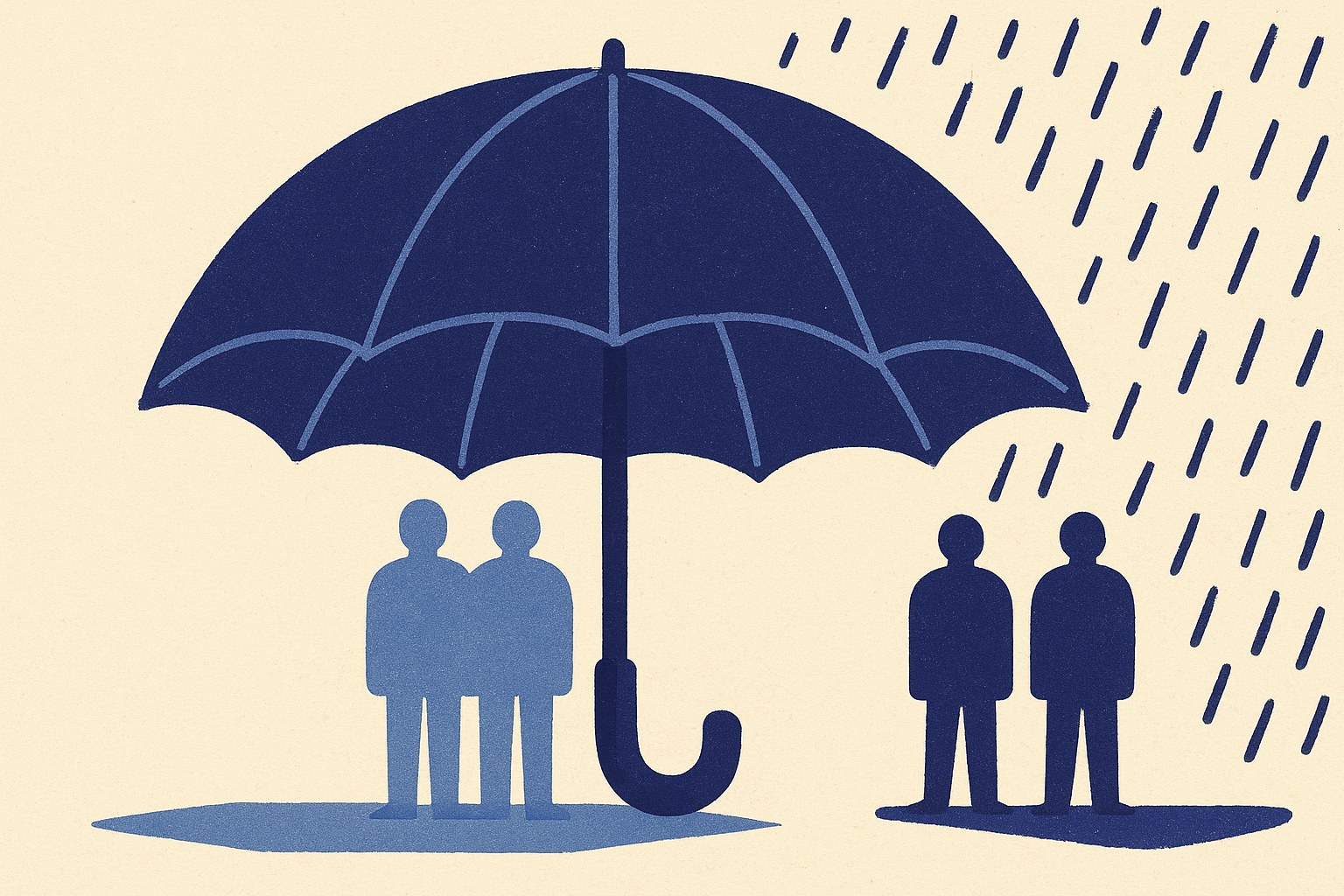 Illustration : un grand parapluie abrite deux silhouettes tandis que deux autres restent sous la pluie