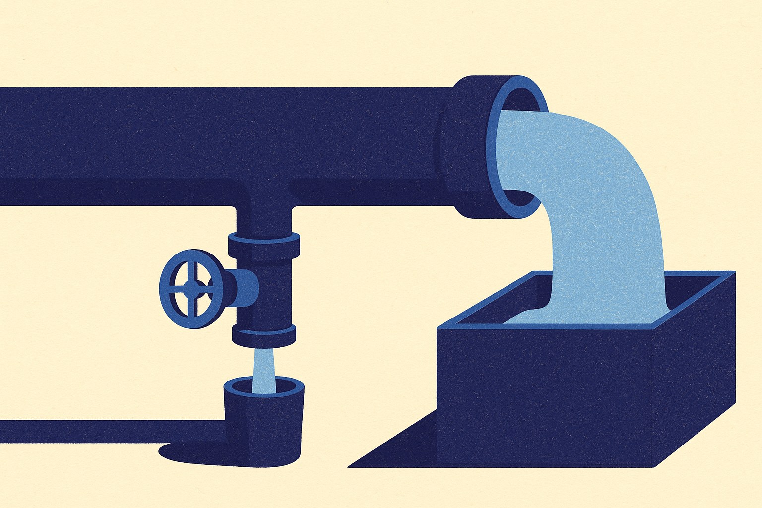Illustration : un flux principal alimente un grand bac tandis qu'une dérivation prélève un mince filet