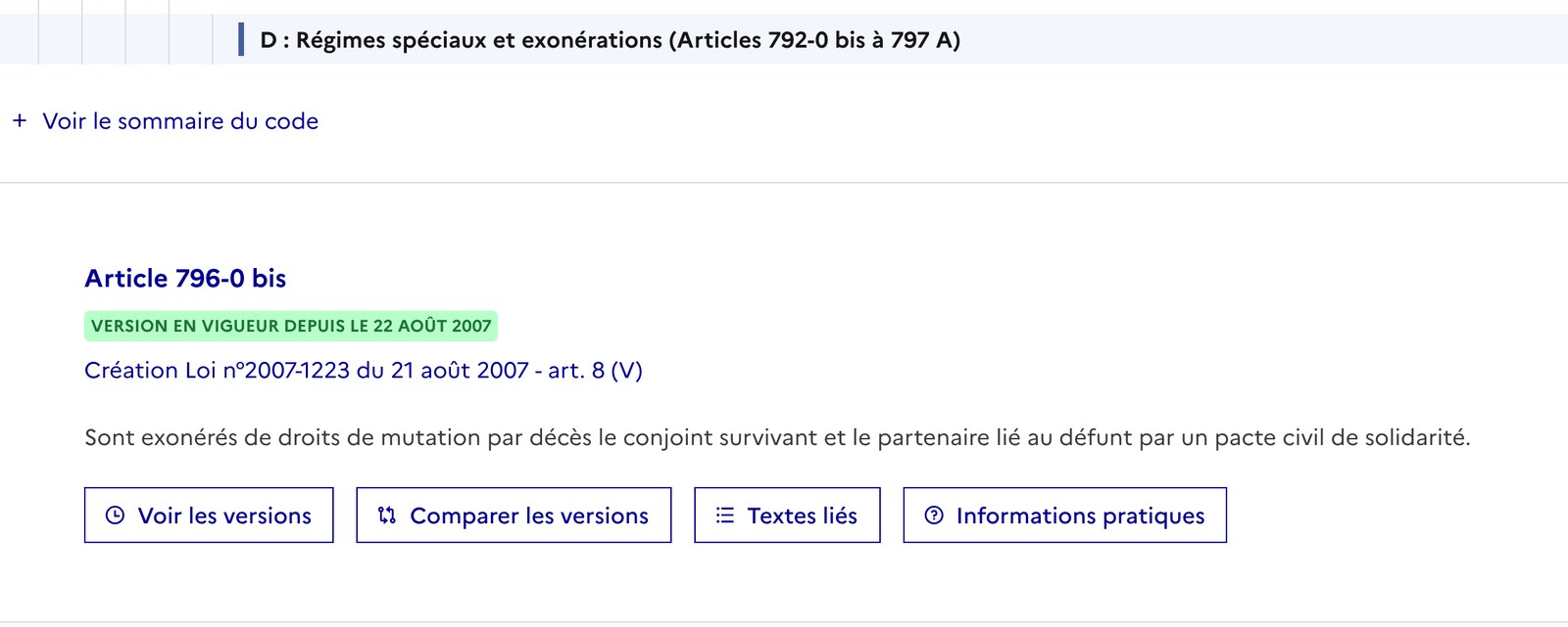 Article 796-0 bis du code général des impôts sur Légifrance, en vigueur depuis le 22 août 2007, créé par la loi TEPA