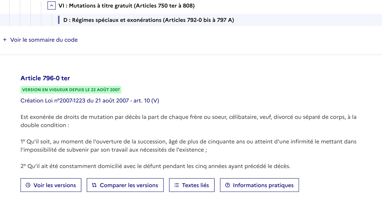 Article 796-0 ter du code général des impôts sur Légifrance, exonération des frères et sœurs sous double condition