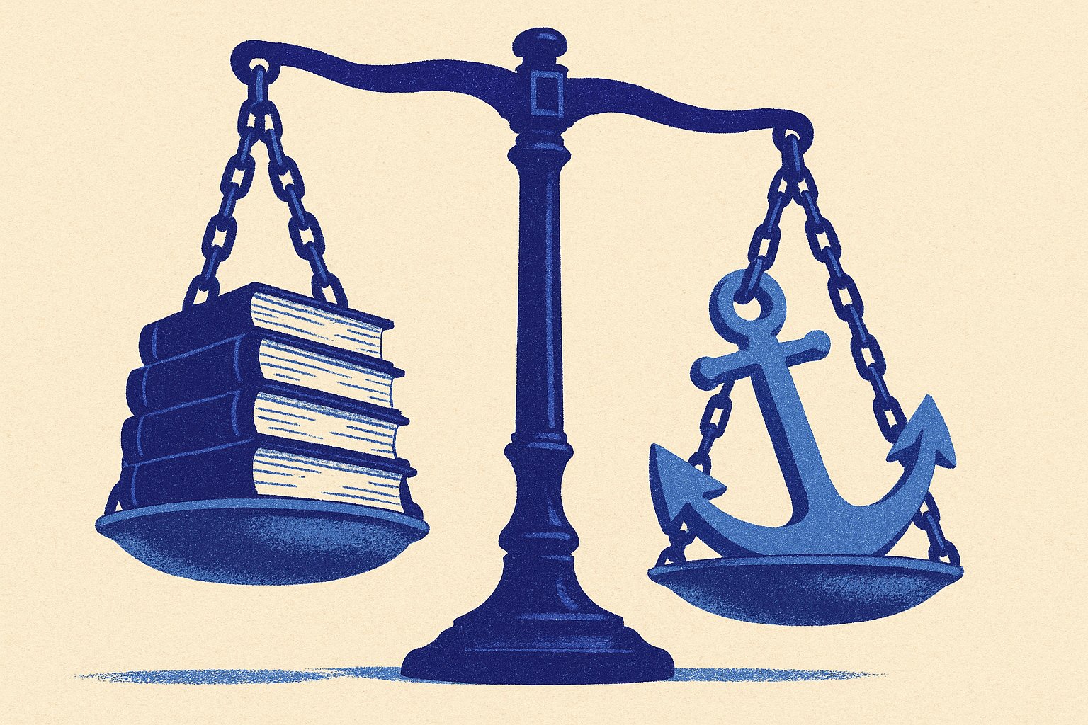 Illustration presse financière : balance monumentale avec des livres indigo et une ancre bleu ciel, duotone sur fond ivoire