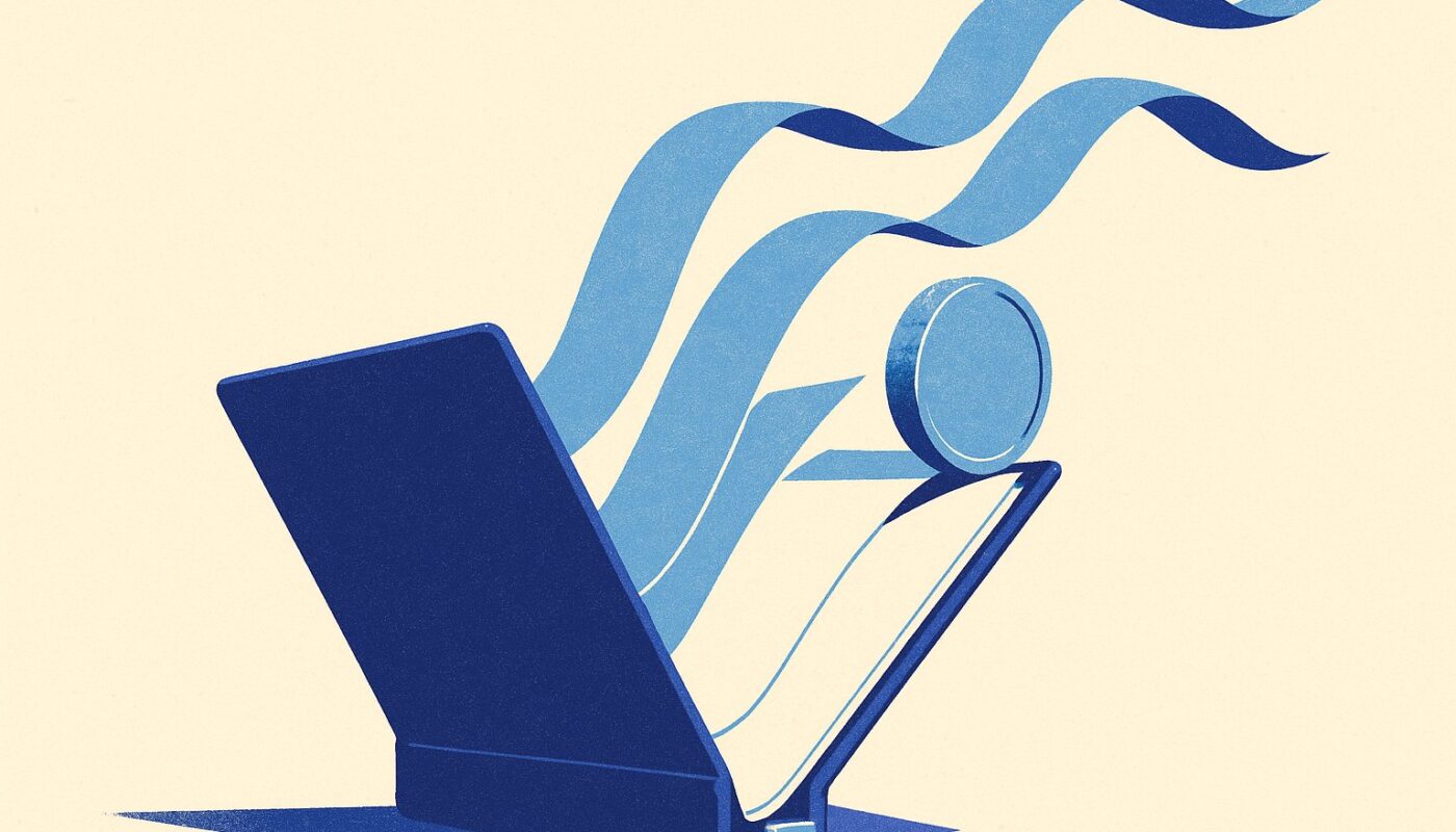 Illustration presse financière : parapheur indigo ouvert avec rubans de papier qui s'envolent, pièce de monnaie bleu ciel en équilibre