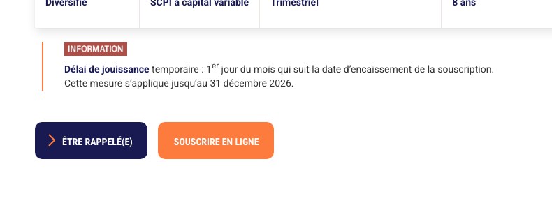 Capture de la fiche officielle de la SCPI Immorente sur sofidy.com : délai de jouissance temporaire au 1er jour du mois suivant l’encaissement, valable jusqu’au 31 décembre 2026