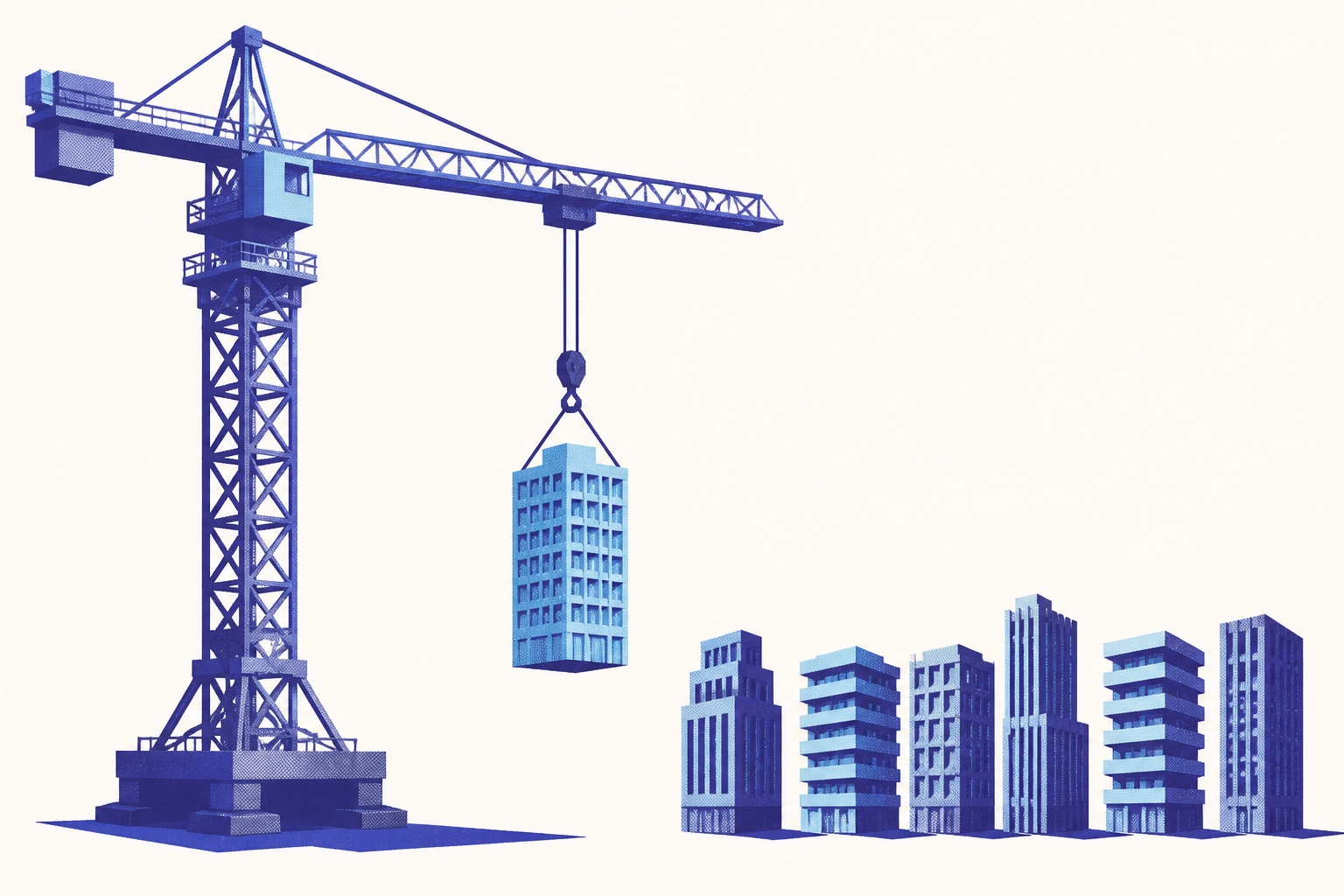 Illustration de presse financière : grue de chantier indigo soulevant un immeuble bleu ciel au-dessus d’une file de petits immeubles en attente, métaphore du délai de jouissance des SCPI