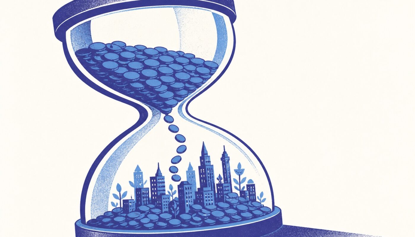 Illustration de presse financière : sablier monumental dont le sable est fait de pièces, des immeubles poussent dans le bulbe inférieur, duotone indigo et bleu ciel
