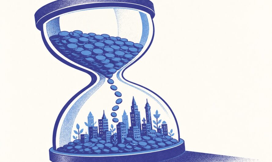 Illustration de presse financière : sablier monumental dont le sable est fait de pièces, des immeubles poussent dans le bulbe inférieur, duotone indigo et bleu ciel