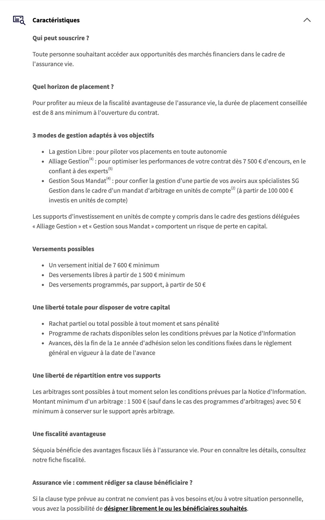 Capture de la page produit de l'assurance vie Séquoia sur particuliers.sg.fr : versement initial de 7 600 euros, versements libres et programmés, trois modes de gestion