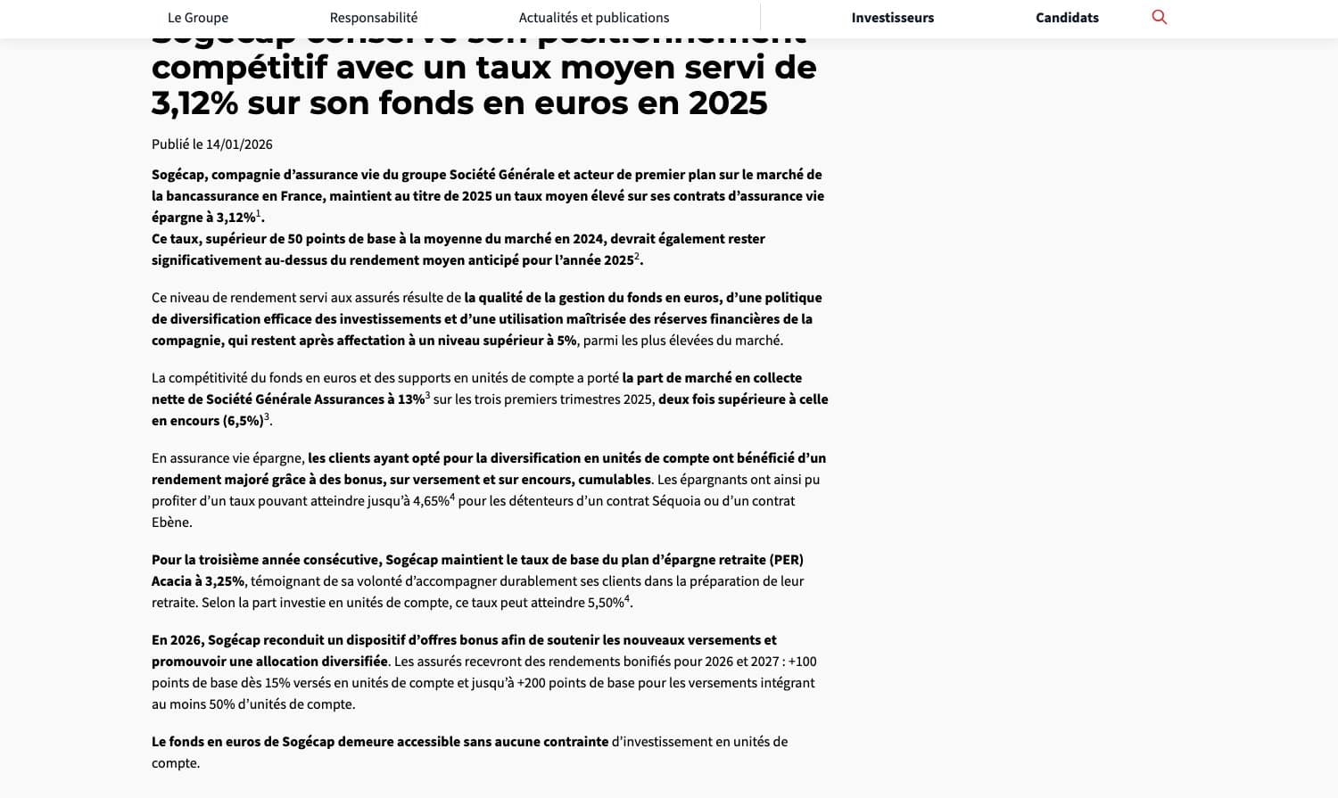 Communiqué de presse de Sogécap du 14 janvier 2026 : taux moyen servi de 3,12 pour cent sur le fonds en euros en 2025