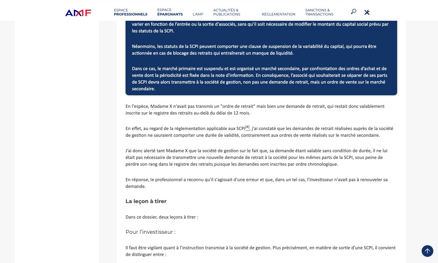 Capture du dossier du médiateur de l'AMF du 3 février 2025 : les demandes de retrait de SCPI sont sans durée de validité et n'ont pas à être renouvelées, contrairement aux ordres de vente
