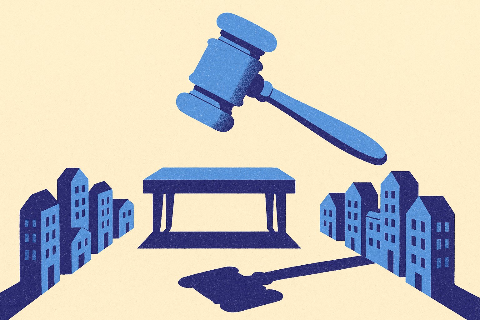 Illustration de presse financière duotone indigo et bleu ciel : marteau de commissaire-priseur au-dessus d'une longue table où deux rangées d'immeubles miniatures se font face, métaphore de la confrontation des ordres du marché secondaire des SCPI