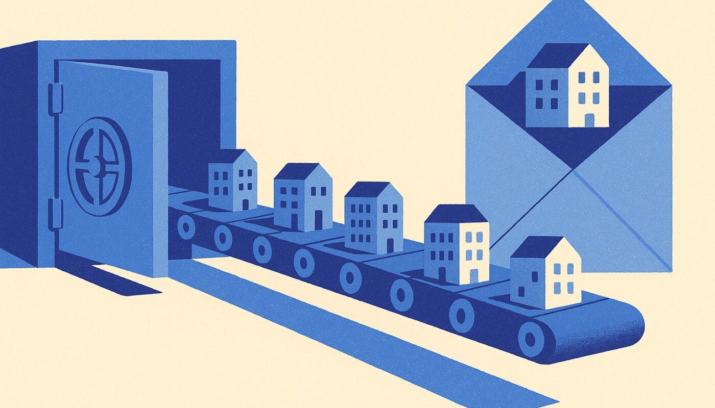 Illustration de presse financière duotone indigo et bleu ciel sur fond ivoire : un tapis roulant monumental achemine des immeubles miniatures d'un coffre-fort ouvert vers une grande enveloppe, métaphore de la sortie d'une SCPI détenue en assurance vie