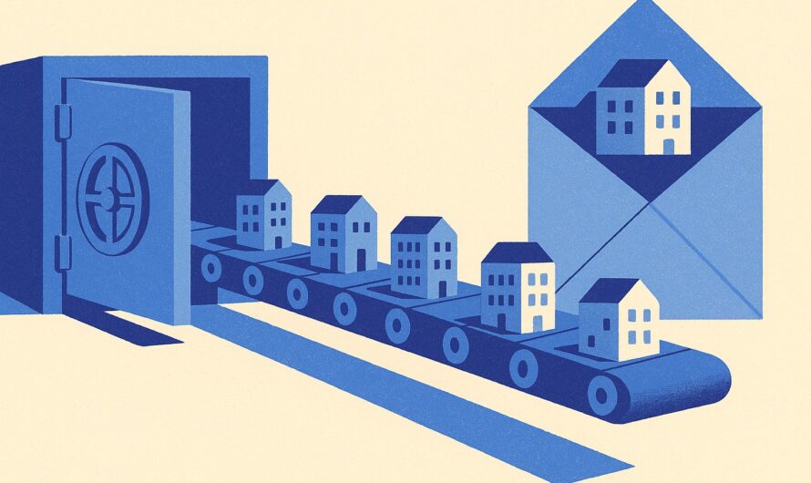 Illustration de presse financière duotone indigo et bleu ciel sur fond ivoire : un tapis roulant monumental achemine des immeubles miniatures d'un coffre-fort ouvert vers une grande enveloppe, métaphore de la sortie d'une SCPI détenue en assurance vie