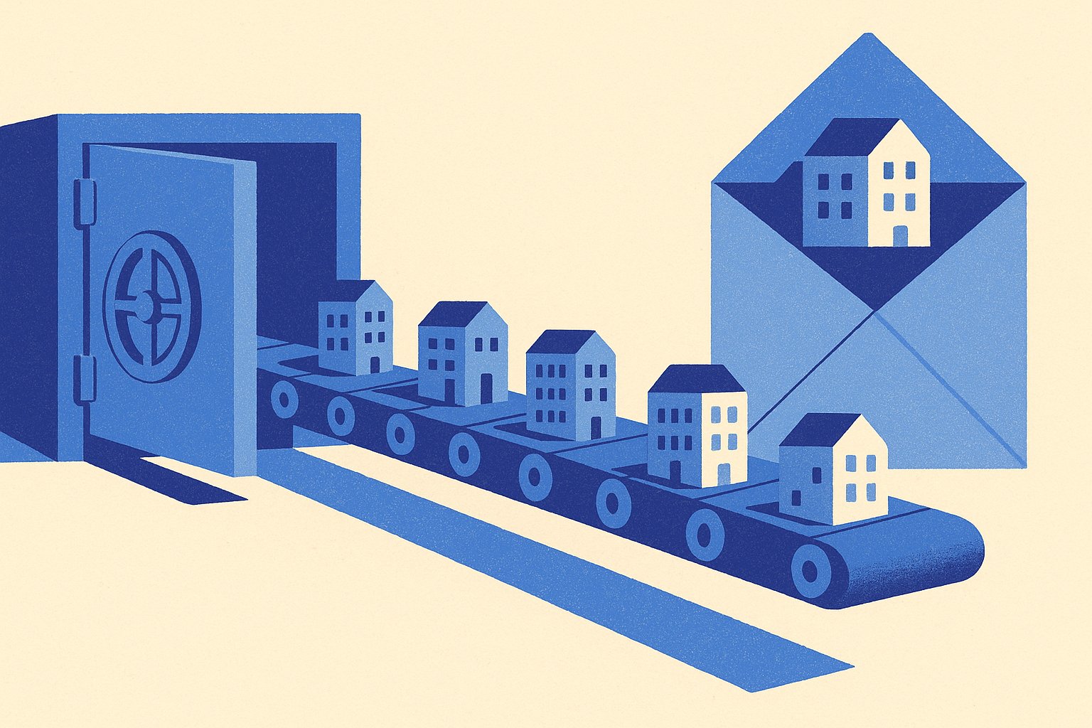Illustration de presse financière duotone indigo et bleu ciel sur fond ivoire : un tapis roulant monumental achemine des immeubles miniatures d'un coffre-fort ouvert vers une grande enveloppe, métaphore de la sortie d'une SCPI détenue en assurance vie