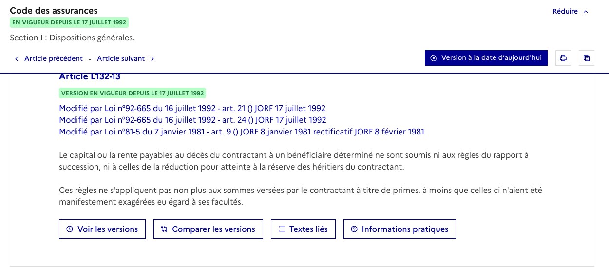 Article L. 132-13 du code des assurances affiché sur Légifrance, version en vigueur depuis le 17 juillet 1992